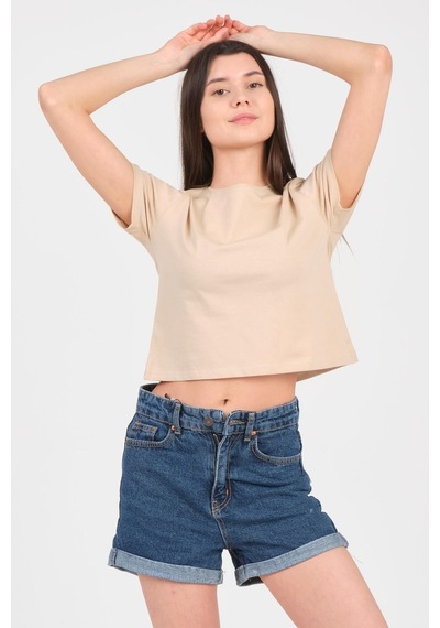 As Collection Bej Bisiklet Yaka Kısa Kol Örme Kadın Crop 001