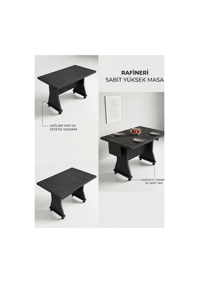 Stone Çok Amaçlı Masa Yemek Masası Mutfak Masası Siyah