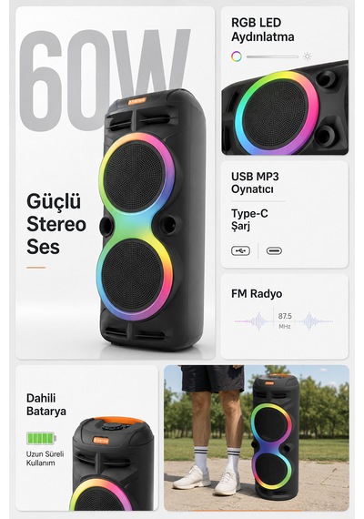 Taşınabilir Mikrofonlu 60w Led Işıklı Bluetooth Karaoke Hoparlör Set