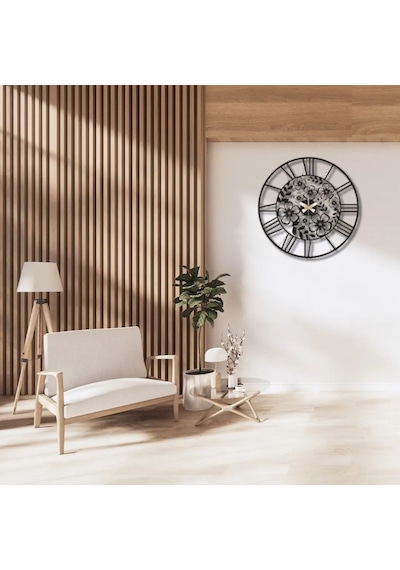 Metal Duvar Saati Flora Temalı Dekoratif Saat Siyah-52 X 52