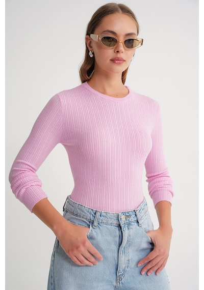 Mixray 6938 Kadın Bisiklet Yaka Fitilli Triko Body Pembe