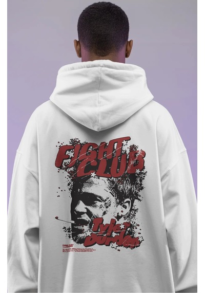 Sevbano Tasarım Fight Club Tyler Durden Film Sırt Baskılı Unisex Oversize beyaz