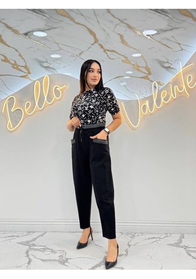 Büyük Beden Mom Fit Yüksek Bel Kışlık Lastikli Kadın Pantolon Siyah