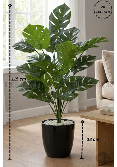Biçiçek Yapay Monstera Deve Tabanı Yakut Saksıda Siyah