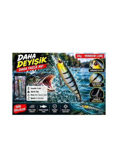 Minnow At Çek 20 Gr 11 Cm Altın Gümüş Siyah 3d Gözlü Güçlü Aksiyonlu Çift Üçlü Iğneli