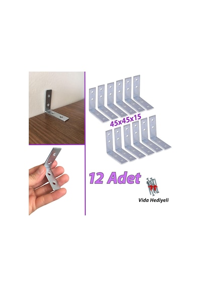 12 Adet Mobilya Eşya Dolap Duvar Sabitleyici Köşe Bağlantı L Demir Gönye Deprem Güvenliği 45x45x15mm