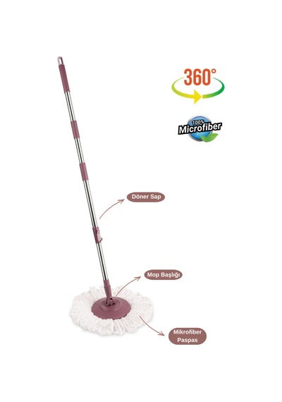 Flora Balerina Döner Başlıklı Mop Sap Seti F181, Saplı Başlıklı Mikrofiber Temizlik Paspası Pembe
