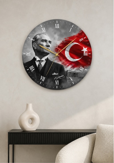 AA Shop Atatürk Temalı Baskılı Dekoratif Baskılı Ahşap Duvar Saati Sessiz Akar Mekanizmalı 806 Çoklu Renkli