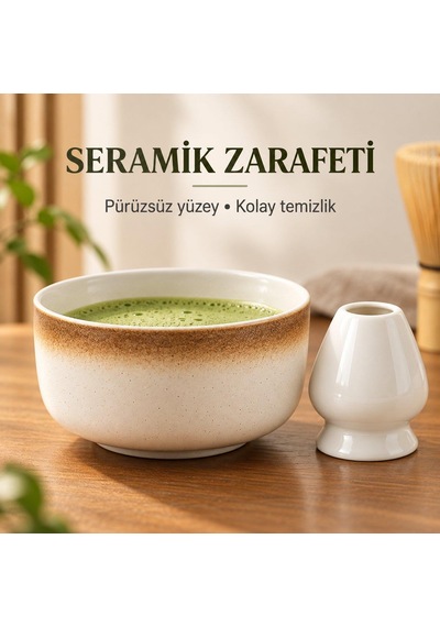 Valkyrie 6 Parça Matcha Hazırlama Seti Bambu Çırpıcı Seramik Kase Süzgeç Ölçü Ve Kaşık Kahve Kahverengi