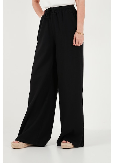 Lela Pamuklu Relaxed Fit Yüksek Bel Geniş Paça Pantolon Bayan Pantolon 668yp5559 Siyah