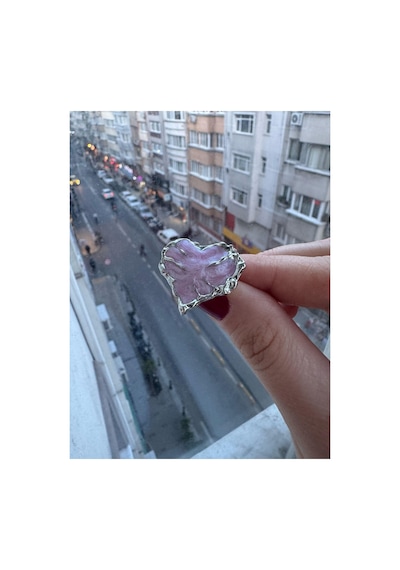 Pembe Kalp Gotik Ayarlanabilir Şık 925 Ayar Yüzük Renkli