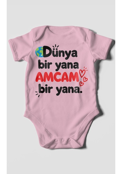 Morivokids Dünya Bir Yana, Amcam Bir Yana Kısa Kollu Bebek Body %100 Pamuk Koyu Pembe