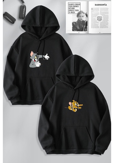 Macklin Sevgili Çift Kombin Tom Ve Jerry Kuyruklu Baskılı Özel Tasarım Kapüşonlu Sweatshirt 2li Set Takım Siyah Mck1085 Siyah