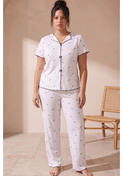 Siyah İnci Beden Fitilli Kaşkorse Örme Pijama Takım26120851 Beyaz Çiçek