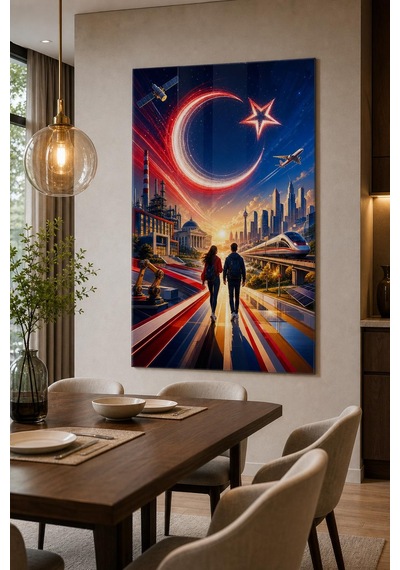 Fütüristik Türkiye Temalı Baskılı Cam Tablo Ay Yıldız Modern Duvar Dekoru