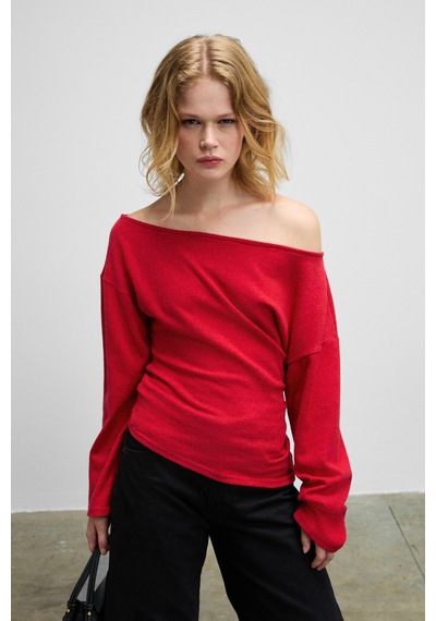 ETHIQUET NIVEAS Kadın Yumuşak Ve Esnek Kumaşlı Kayık Yakalı Yanı Büzgülü Kırmızı Sweatshirt