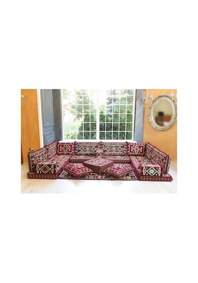 Otantik Şark Köşesi Takımı Bordo Anadolu 18 Parça Kilim Ve Puf Dahil Süngerli Sedir Seti