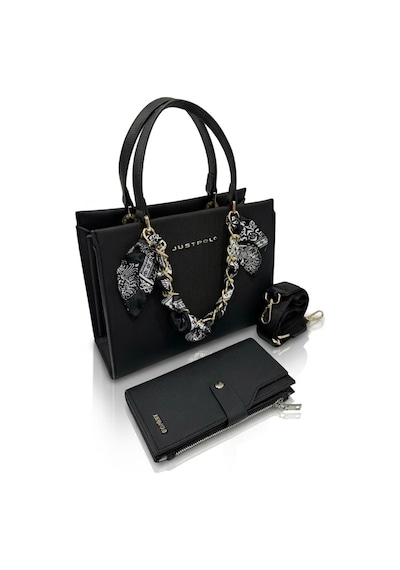 Just Polo Kadın Gold Zincirli Şal Detaylı Şık El & Omuz Çantası Ve Cüzdanı Kombin Shopper Ebat: 20 X 25 Cm Siyah