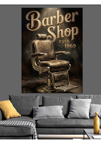 Barber Shop Retro Berber Koltuğu Dekoratif Kanvas - Mdf Ahşap Tablo