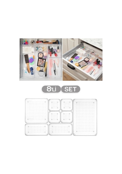 Meleni Home 8'li Set Modüler Çekmece Içi Düzenleyici, Banyo Makyaj Ve Takı Düzenleyici - Ofis Masaüstü Organizer Beyaz