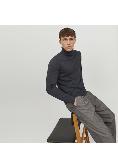 Jack & Jones Düz Renk Balıkçı Yaka Triko-Emil 12157417 Dark Grey Melange Koyu Gri Melanj