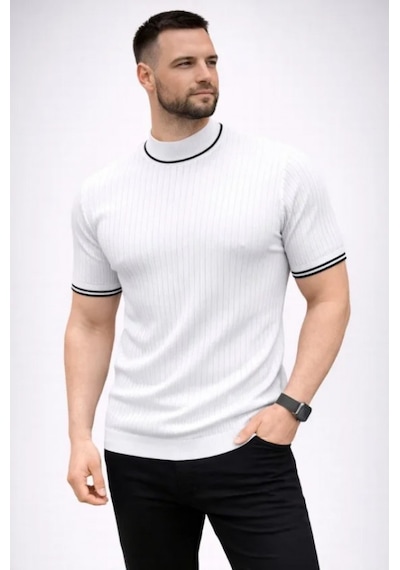 Efnaz Style Erkek Fitilli Triko Dokuma Kısa Kol Tişört Yarım Boğaz Modern Yazlık T-shirt - Beyaz