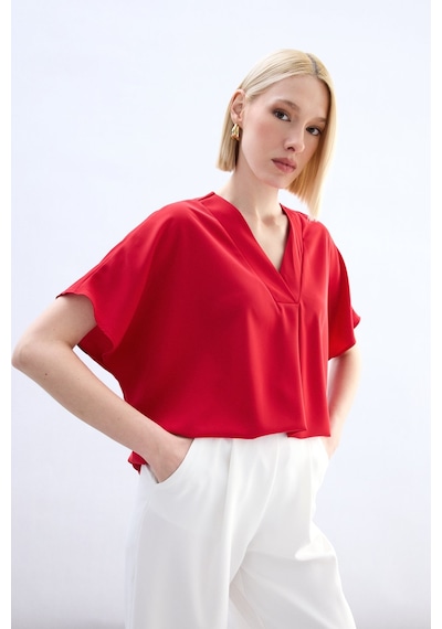 Sateen Geniş Kısa Kollu Bluz - Kırmızı-136764 Kırmızı