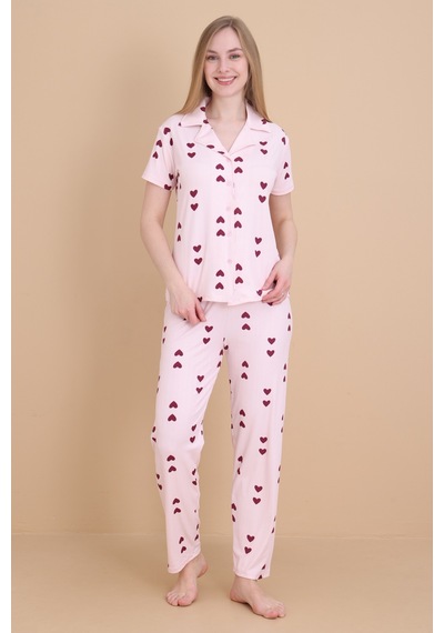 Wordex Mirano 9511 Kalpli Pembe Pegasus Kumaş Düğmeli Kısa Kolu Kadın Pijama Takımı