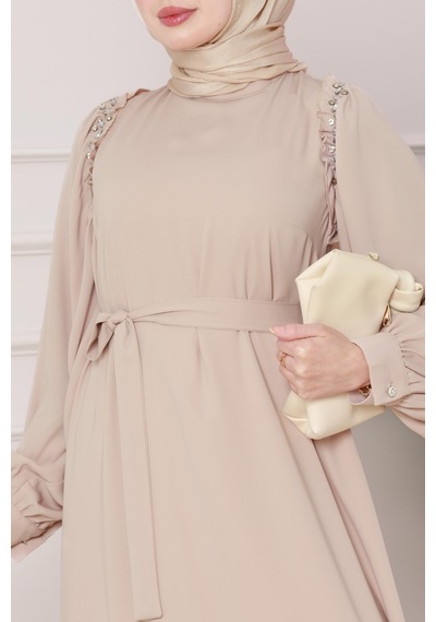 Sevitli Omuzu Taş Detaylı Rose Elbise-bej-4778 Bej