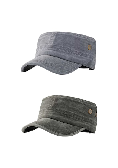 Tezzgelsin Unisex Eskitme Vintage Pamuklu Castro Kep Şapka 2'li Set Gri - Haki