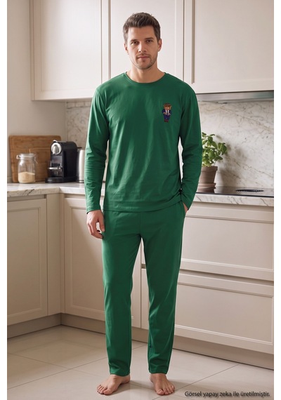 Siyah İnci Baskılı Pamuklu Likralı Örme Pijama Takım 26241803 Yeşil
