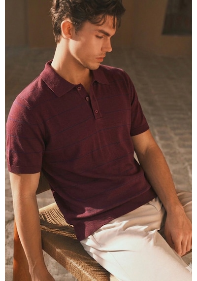 Tarz Cool Erkek Old Money Çizgili Polo Yaka Triko Tişört Slim Fit Bordo
