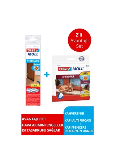 Tesamoll D-profil Kapı Pencere İzolasyon Bandı, 6mx9mmx7mm, Kahverengi + Kapı Altı Hava Akımı Önleyici Fırça, 1mx37mm
