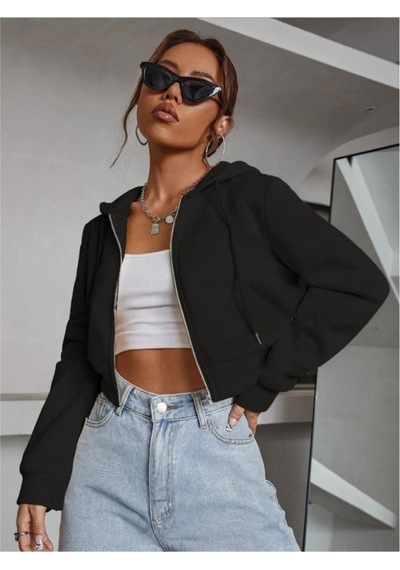 Kadın Kapüşonlu Fermuarlı Crop Hırka Sweatshirt -üç İplik Şardonlu