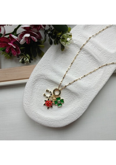 Lente Aksesuar Yonca, Uğurböceği, Nal Figürlü Çelik 14k Altın Rengi Charm Şans Kadın Kolye Gold