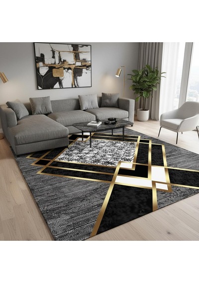 Gri Ve Altın Renklerde Modern Geometrik Desenli Dijital Baskılı Halı Kaymaz Tabanlı, Üçgen Ve