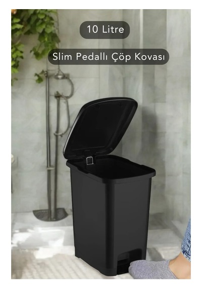 Slim Pedallı Banyo Mutfak Çöp Kovası 10 Litre Ergonomik Tasarım Plastik Malzeme İle Kullanışlı Siyah