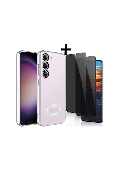 Samsung Galaxy Uyumlu S23 Plus Kılıf Kamera Korumalı Logolu Arkası Şeffaf Kenarları Renkli +hayalet Cam Set Gümüş