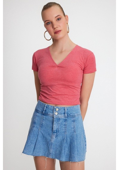 Kadın V Yaka Basic T-shirt Nar Çiçeği