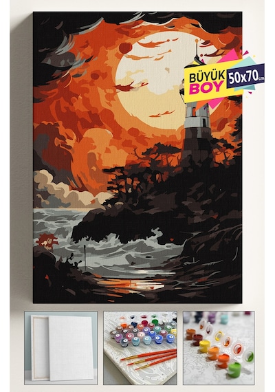 Sayılarla Boyama Seti Numaralı Tuval Fırça Boya Dahil Kasnaklı Set 50x70 Cm - Karanlık Deniz Feneri