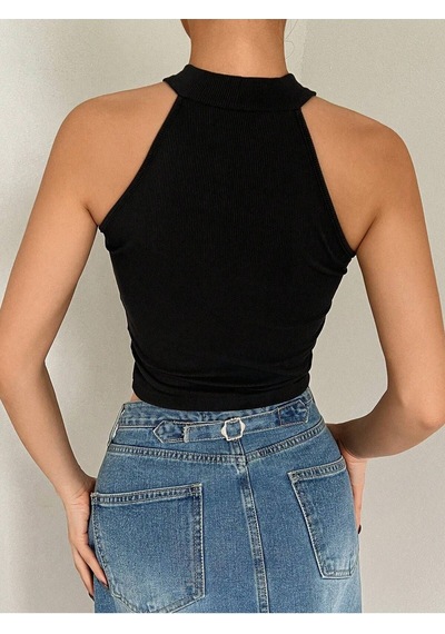 Liona Halter Yaka Siyah Renk Fitilli Crop Top Bluz Siyah