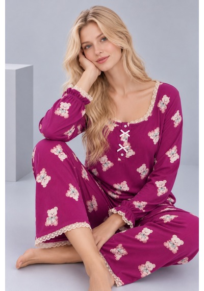 Pijamask Kadın Desenli Dantel Detaylı Fiyonk Ve Düğmeli Uzun Kollu Pijama Takımı Mor-9