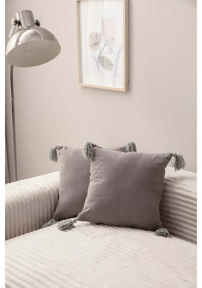 Swita Home İkili Dekoratif Püsküllü Kırlent Kılıfı 43x43 Gri