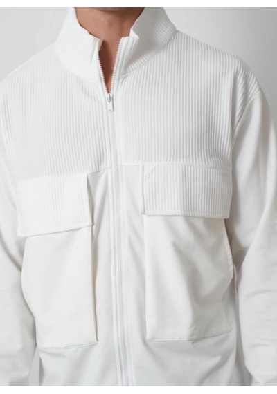 Beyaz Çift Cepli Fermuarlı Sweatshirt Beyaz