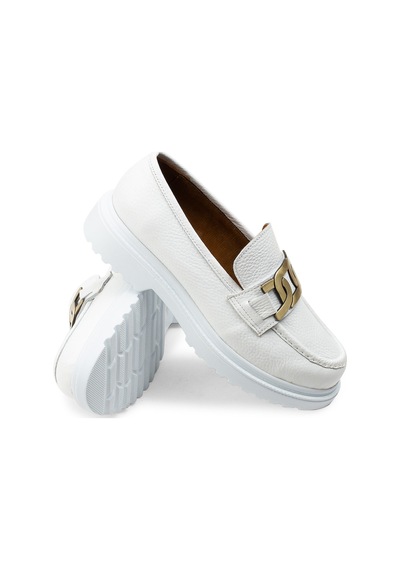 Deery Hakiki Deri Beyaz Tokalı Loafer Kadın Ayakkabı - 01902zbyzp01 Beyaz