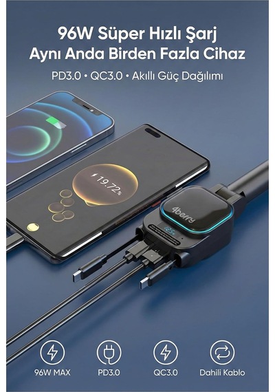 Sc07 96w Araç Şarj Cihazı Pd3.0 & Qc3.0 Hızlı Şarj, Çift Toplanabilir Kablo Type-c + Lightning , Led Ekran,