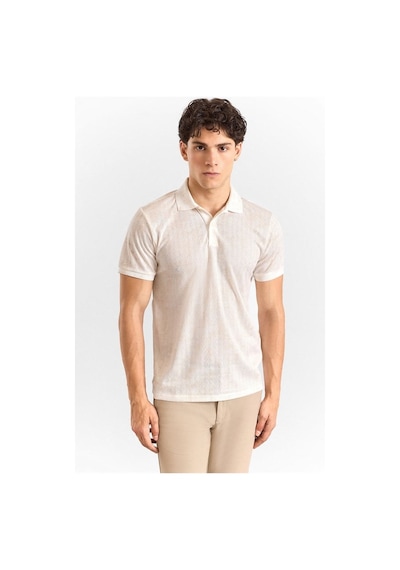 Süvari Bej Slim Dikey Çizgili Baskılı Düz Düğmeli Polo Yaka Tişört Ts1014000380-bj3