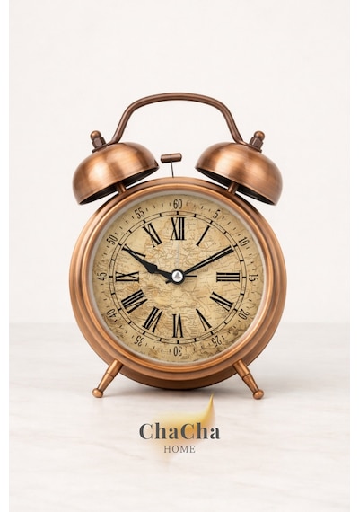 Chacha Home Eterna Bell Vintage Metal Çalar Saat & Premium Masaüstü Dekoratif Obje 22x16 Cm Metalik