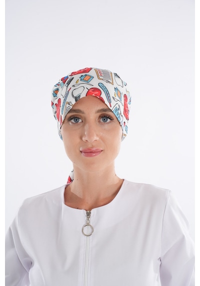 Beyaz İlk Yardım Desenli Tesettür Doktor Hemşire Hastane Aşçı Cer