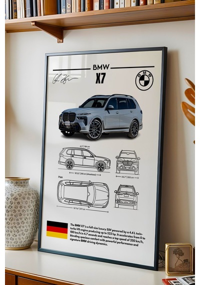 Bmw X7 Tablo - Teknik Özellikli Alman Full-size Lüks Suv Poster - Çerçeveli Duvar Dekoru - Blueprint Siyah